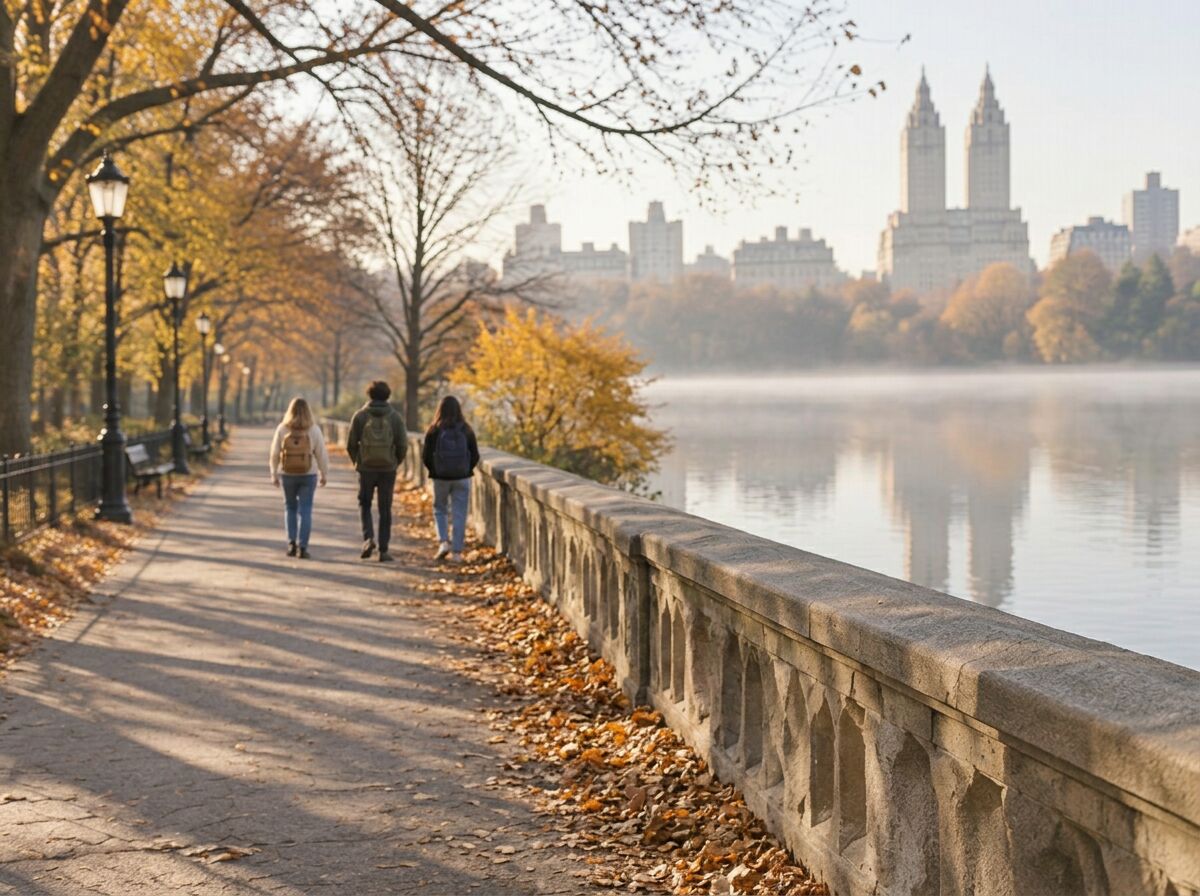 Students with backpacks walking along the Central Park reservoir path, seen from behind